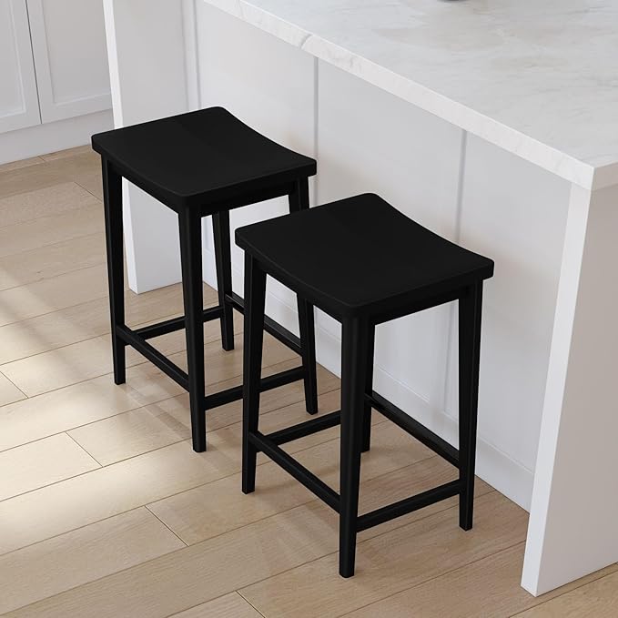 Plank+Beam Smythe Counter Stool, 24", Set of 4, Sturdy Wood Modern Kitchen Counter Height Stool, Saddle Seat Backless Counter Chair, Metal Footrest, Black