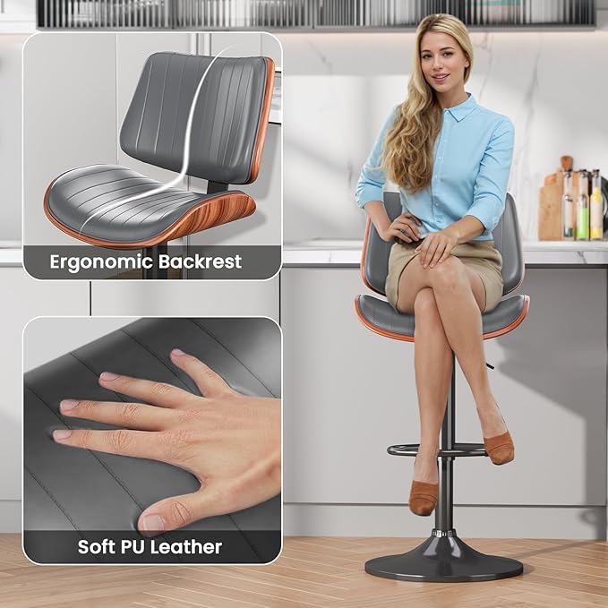 Swivel Bar Stools Set of 2, Adjustable Bentwood Barstools for Kitchen Counter, Modern PU Leather Upholstered Bar Chair with Back and Footrest, for Kitchen Island, Bar, Dining Room, Gray