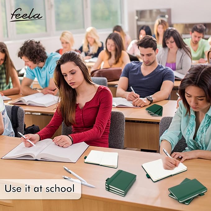 feela 15 Pack Pocket Small Notebooks Bulk, Mini Cute Notepads Hardcover College Ruled Lined Journals with Pen Holder for School Business Memos, with 15 Black Pens, 3.5”x 5.5”, A6, Dark Green