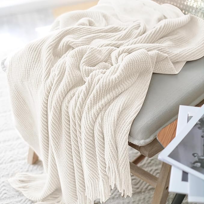 inhand Throw Blanket for Couch Bed,Chunky Chenille Woven Soft Blankets with Tassels, Cozy Boho Farmhouse Fall Winter Decor,Warm for Women,60"x80",Extra Thick-Off White