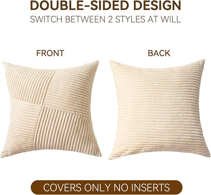 Decorative Throw Pillow Covers 16x16 Inch Set of 2 for Boho Living Room Farmhouse Home Decor, Spring Pillow Covers for Couch Bed, Soft Corduroy Striped Patchwork Cushion Cases, Tan