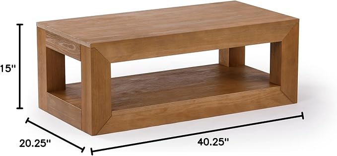 Plank+Beam 40" Modern Rectangular Coffee Table with Shelf, Solid Wood Center Table with Storage, 2 Tier Tea Table for Living Room, Pecan Wirebrush
