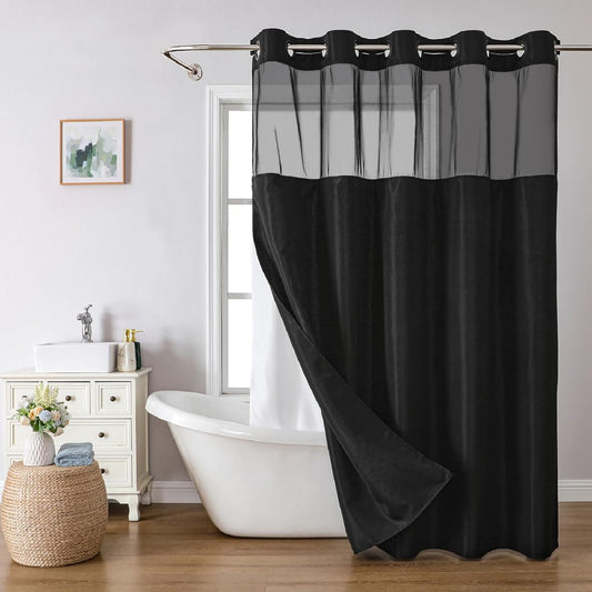 Long No Hooks Needed Linen Textured Shower Curtain with Snap-in Fabric Liner Set,Black Hotel Luxury Decor Shower Curtains for Bathroom,Waterproof & Washable,71Wx80H