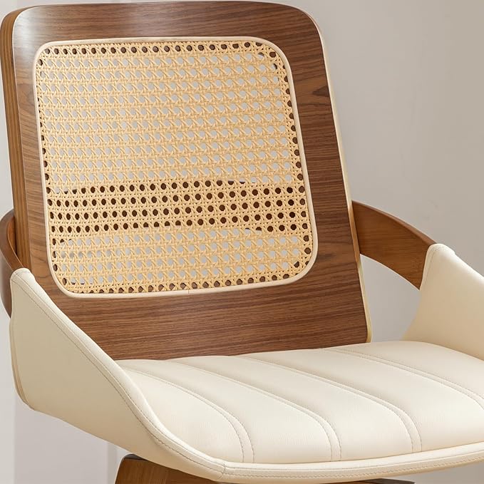 Bar Height Bar Stools Set of 2 - 29.5 inch Mid Century Modern Bar Stools with Cane Back, Curved Arms, Faux Leather Upholstered Seat, Rattan BarStools for Island/Pub/Kitchen (30" Seat Height, Beige)