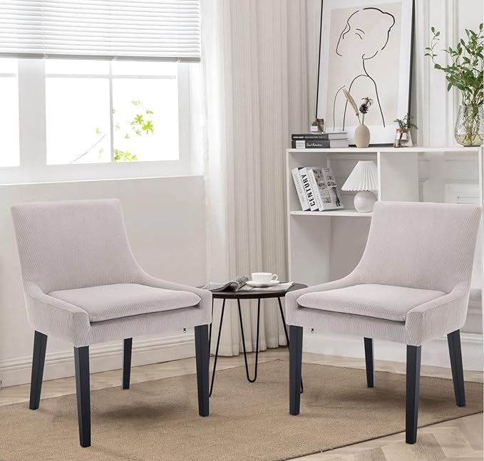 Dining Chairs Set of 2, Upholstered Corduroy Dining Room Chair with Wood Legs, Mid-Back Padded Kitchen Side Chairs for Dining Room, Beige