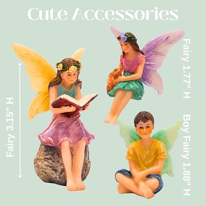 PRETMANNS Fairy House Kit - Fairy Garden Accessories for Outdoor Miniature Village Decor, with Three Fairies - House, 9’ High & Door can Open Wide - 4 Piece Supplies