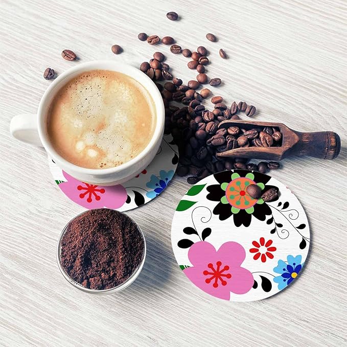 Colorful Flowers Coasters for Drinks Office Coffee Table Beautiful Cartoon Spring Botanical Floral Bloom Living Room Decor Set of 2 for Cold Drinks Wine Mugs and Cups 4 Inch