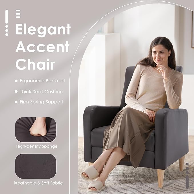 COLAMY Modern Upholstered Accent Chair Armchair with Pillow, PU Leather Reading Living Room Side Chair,Single Sofa with Wood Legs, L-Brown
