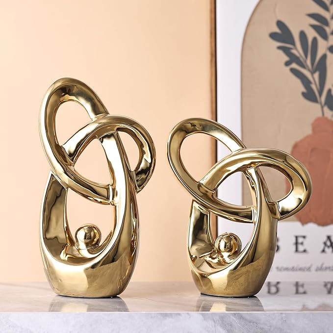 Gold Modern Abstract Art Home Decor Accent,Statues Coffee Table Decor for Living Room,Table Centerpieces for Dining Room,Ceramic Sculptures and Gold Knick Knacks for TV Stand Decor