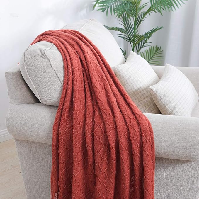 BOURINA Rust Throw Blanket 60x80 Inches Throw Textured Solid Soft Sofa Throw Couch Knitted Decorative Blanket