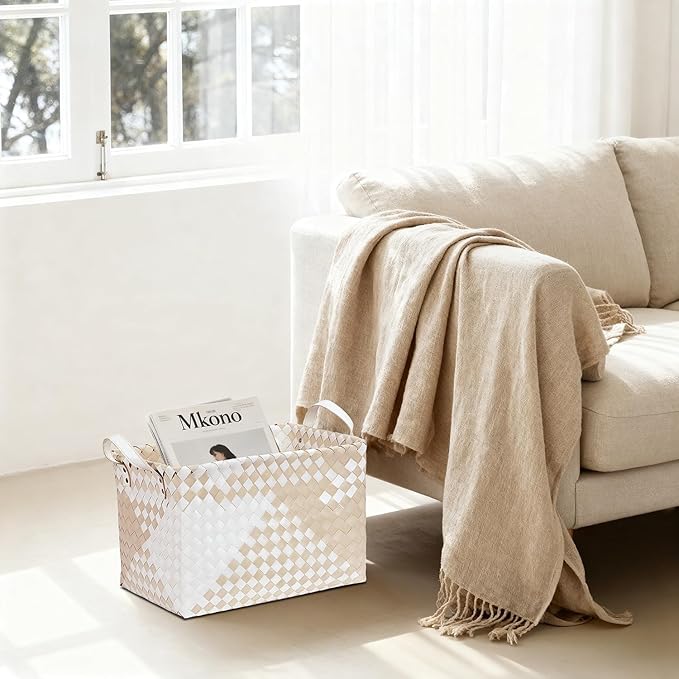 15L Laundry Baskets Waterproof Storage Baskets For Shelves Large Laundry Hamper With Leather Handle -set of 6 Cube Organizers Woven Bins for Bathroom,Bedroom,Pantry,Clothes,Car & Towels-Beige