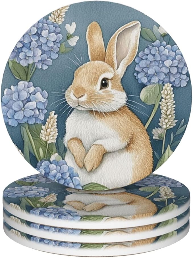 Easter Hydrangea Bunny Coasters for Drinks Cute Rabbits Flowers Spring Seasonal Absorbent Ceramic Coaster Set of 4 for Coffee Table Cup Bar Desk Round Coasters Mat with Cork Base