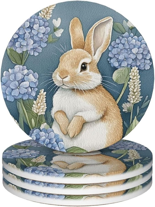 Easter Hydrangea Bunny Coasters for Drinks Cute Rabbits Flowers Spring Seasonal Absorbent Ceramic Coaster Set of 4 for Coffee Table Cup Bar Desk Round Coasters Mat with Cork Base