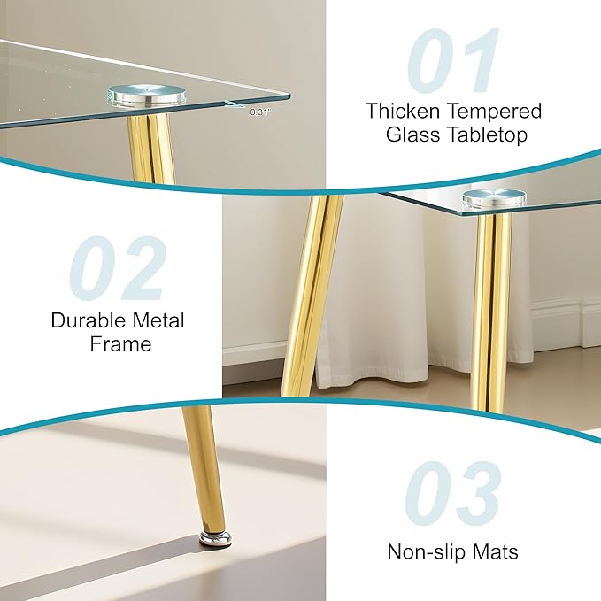 Dining Table for 6 Kitchen Table 47.2" Rectangular Modern Glass Dining Table Kitchen & Dining Room Tables with Glass Tabletop and Metal Legs for Dining Room and Kitchen, Champagne