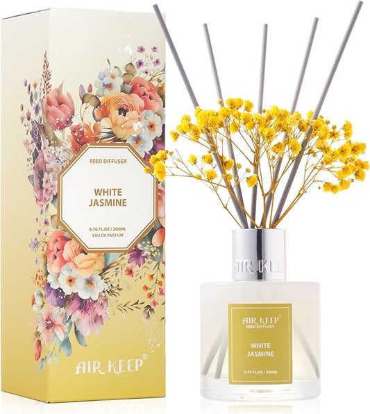 Airkeep Reed Diffuser Set,6.76 fl oz (200 ml) - White Jasmine Oil Diffusers with 8 Reed Sticks, Home Fragrance Reed Diffuser for Bathroom Shelf Decor