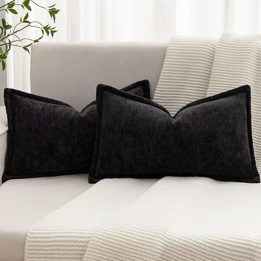 Black Decorative Throw Pillow Covers 12x20 Inch Set of 2 Cozy Soild Chenille Cushion Cases Soft Textured Lumbar Couch Pillows Cover Boho Accent Farmhouse Pillowcases for Sofa Bed