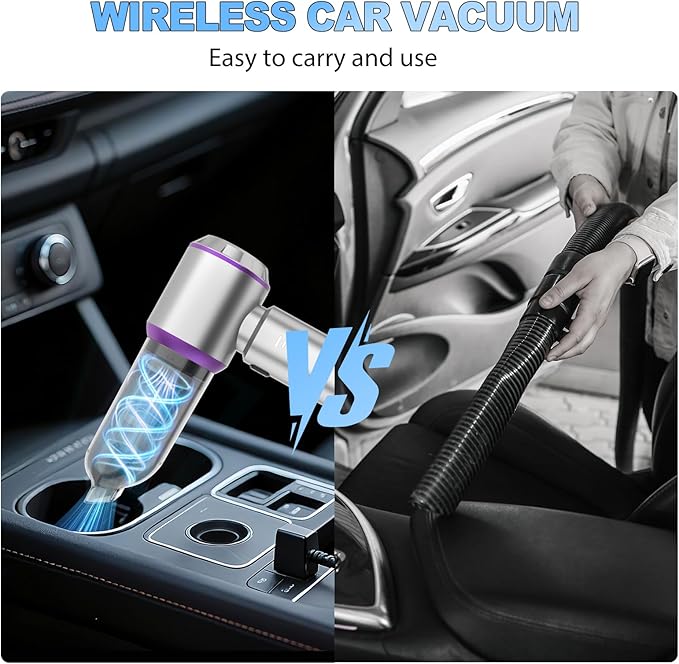 Mini Car Vacuum Cleaner, 4 in 1 Cordless Vacuum Cleaner, 22000PA High Power Portable Car Vacuum with Brushless Motor, for Home, Office, Camping (Silver Purple)
