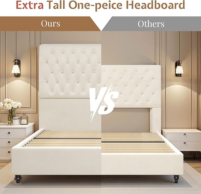 Jocisland Queen Bed Frame with Headboard, Velvet Sleigh Bed with Button Tufted 52.8" Tall Upholstered Headboard, No Box Spring Needed, Easy Assembly, Cream