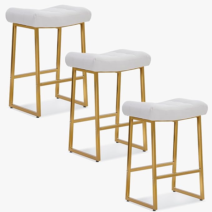 White & Gold Counter Height Bar Stools Set of 3 for Kitchen Counter Modern Backless Barstools with Upholstered Faux Leather Seat and Metal Frame Industrial 24 inch Bar Chairs