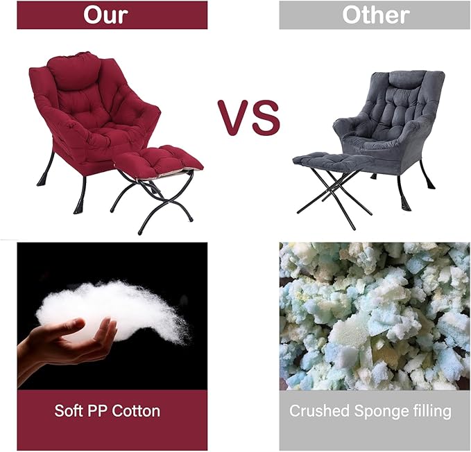 LITA Lazy Chair with Ottoman, Modern Accent Leisure Upholstered Sofa, Contemporary Lounge Reading Chair with Armrests and a Side Pocket for Living Room, Bedroom & Small Space, Burgundy