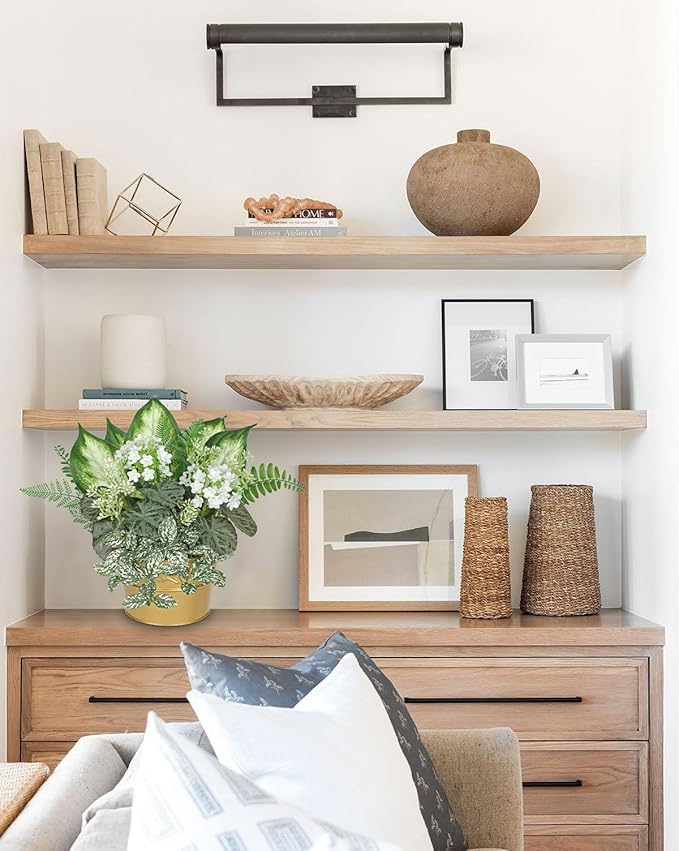 Fake Plants 11.8" Artificial Potted Plant Assorted Faux Plants in Gold Pot Silk Plants Artificial Plants Indoor for Home Living Room Bedroom Bathroom Office Table Centerpieces Shelf Greenery Decor