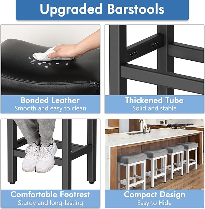 Counter Height Bar Stools Set of 2, 24 Inch Barstools for Kitchen Island Counter, Bonded Leather Kitchen Stools with Thick Saddle Seats & Heavy Duty Metal Base, Easy Assembly, All Black