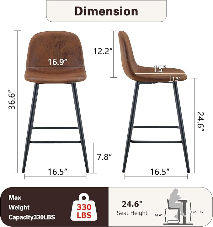 Modern Bar Stools Set of 4,Brown Techno-Fabric Counter Height Bar Stools,24.6" Bar Chairs with Back Metal Footrest,Modern Counter Stool with Back and Footrest for Kitchen Island Restaurants Pubs