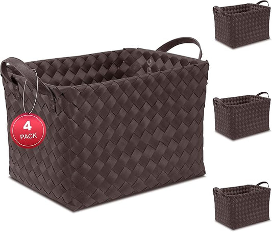 15L Laundry Baskets Waterproof Large Laundry Hamper Handmade Storage Baskets -set of 4 Collapsible Cube Organizers Woven Bins for Bathroom, Bedroom, Pantry, Shelves, Clothes and Towels-Coffee