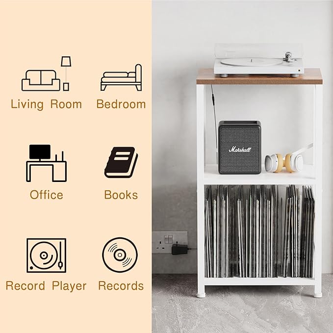 End Table with LED Light,Record Player Stand with Albums Storage,Vinyl Records Storage,Turntable Stand Side Table for Music Room Studio Living Room Bedroom-White