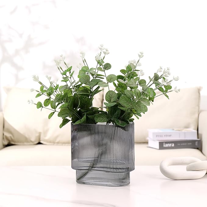 Ribbed Glass Vase, Black Glass Vase, Fluted Short Vases for Flowers, Modern Vases for Living Room, Dining Room, Bathroom, Desk, Shelf, Wedding, Office, 7 Inches