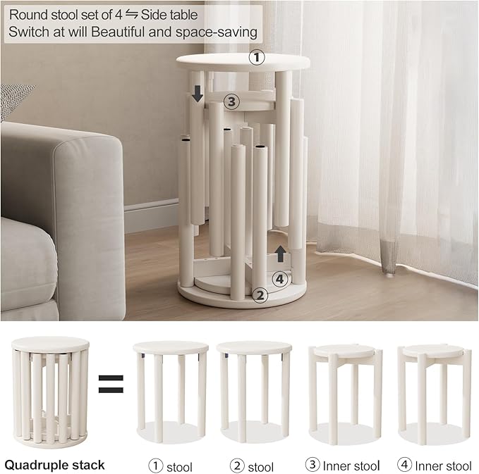 Stackable Wood Round Stools Set of 4, 18 Inch Top Side Tables Sturdy and Durable, No Installation Required for Nesting End Table, Barstool, White