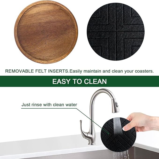 Wood Coasters with Felt Pads, Non-Slip, Non-Stick - 5 Pack Absorbent Coasters for Coffee Table with Holder, Suit for Kinds of Cups 4.3 inch (Black Series)