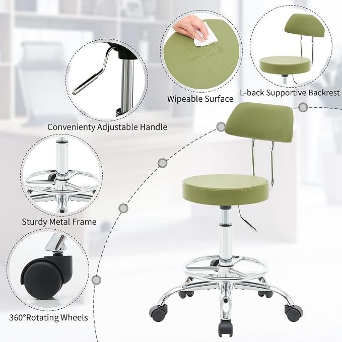 Drafting Chair (Work Stool with Back)(Swivel Shop Stool 19.5"-26.6") Adjustable Height and Footrest Ergonomic Office Chair (Green)