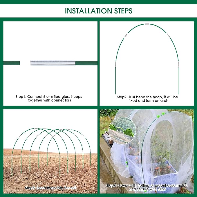72Pcs Garden Hoops for Raised Beds, 12 Sets of 8Ft Greenhouse Hoops Grow Tunnel, Rust-Free Fiberglass Garden Hoops Frame, DIY Plant Support Garden Stakes for Netting Row Cover Shade Cloth