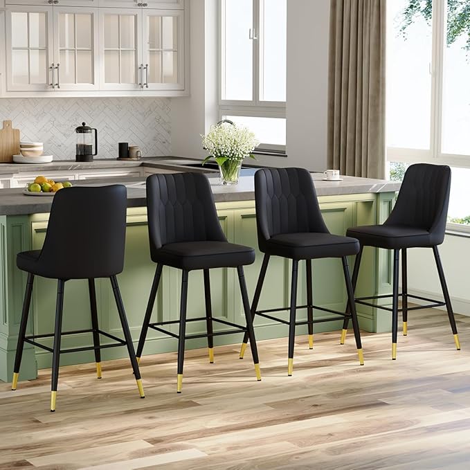 27" Bar Stools Set of 4 - Black Counter Height Bar Stools Set of 4,Faux Leather Kitchen Island Stools with Sturdy Chrome Metal Leg,Counter Height Stools with Backs,Easy to Assemble