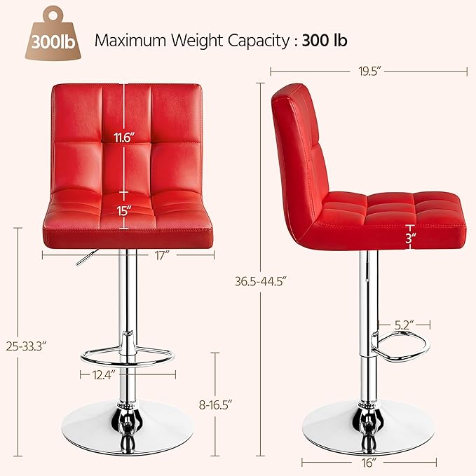 Yaheetech Bar Stools Set of 4, Adjustable PU Leather Swivel Barstools, Modern Counter Stools with Back and Footrest, Counter Height Barstools for Bar, Kitchen, Dining Room, Red