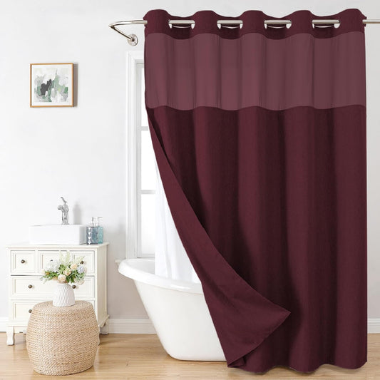 Extra Long No Hooks Needed Linen Textured Shower Curtain with Snap-in Fabric Liner Set,White Hotel Luxury Decor Shower Curtains for Bathroom,Waterproof & Washable,71Wx86H,Burgundy