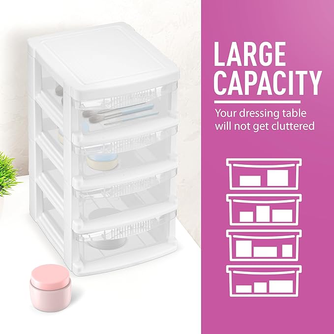 Mini Plastic Stacking Desk Top 4-Drawer Storage Organizer, for Makep Vanity Nail Polish Bathroom Stationery Art Craft Supplies Kitchen Office Garage and Small Organization, Small, White