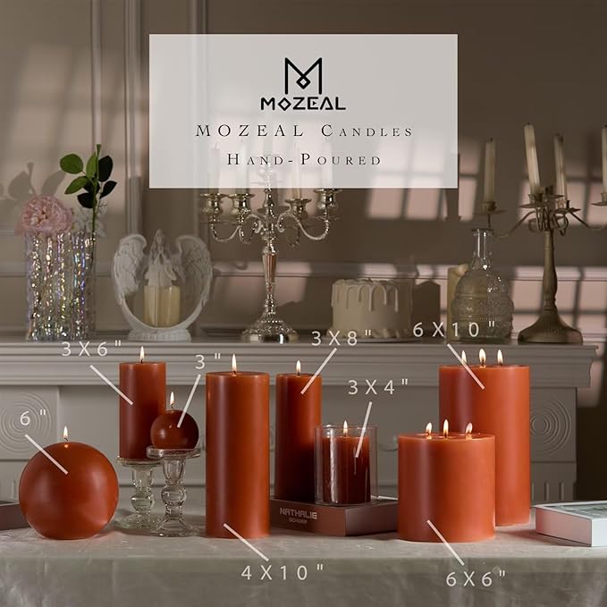 MOZEAL Hand-Poured, 3 Inch Burnt Orange Round Ball Candles - Elegant Burnt Orange Round Pillar Candles Set of 3, Dripless, Unscented, Smokeless, Ideal for Autumn Gatherings.