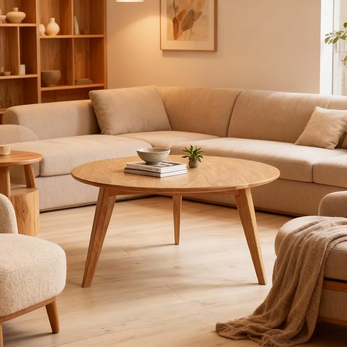 100% Solid Oak Wood Mini Coffee Table, Round Side Table w/Solid Wood Legs, Minimalist Coffee Table w/Sturdy Frame for Bedroom Balcony Living Room (29.53" D x 17.72" H)