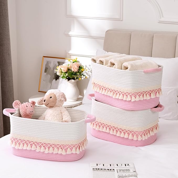 3 Pack Storage Basket for Shelves, Boho Cotton Rope Storage Bins with Heavy Tassel, Shelf Baskets Large Woven Baskets for Organizing, Cube Organizer Bins, Baby Laundry Basket for Clothes, Toys, Pets