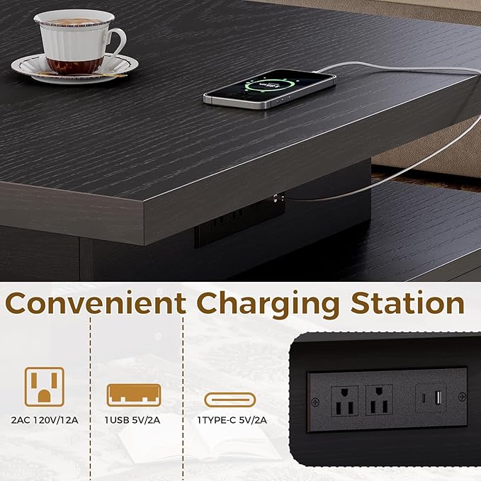 IRONCK Coffee Table with LED Light and Charging Station, 4 Storage Drawers with Grille Design, Square Coffee Table for Living Room Office Reception Room (Black)