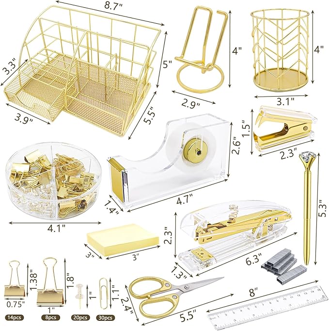 Office Desk Organizers, Gold 13PCS Office Supplies and Accessories Desk organizer, Acrylic Stapler, Staple Remover, Clips, Scissor, Phone Holder, Pen, Pen Holder
