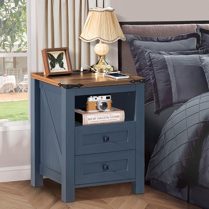 Nightstand with Charging Station, Farmhouse Night Stand with 2 Drawers and Shelf Storage, Blue Wooden Side End Table, Bedside Cabinet for Bedroom, Living Room, Closet,Office