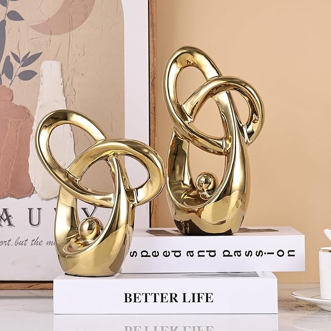 Gold Modern Abstract Art Home Decor Accent,Statues Coffee Table Decor for Living Room,Table Centerpieces for Dining Room,Ceramic Sculptures and Gold Knick Knacks for TV Stand Decor