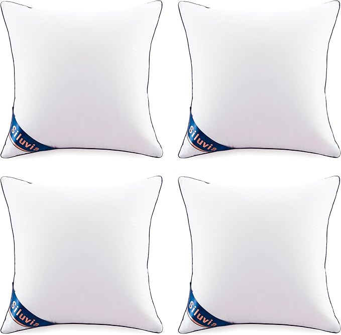 Siluvia Decorative 20x20 Pillow Inserts Set of 4 - Square Throw 20 Pillows with 100% Cotton Cover for Sofa, Couch, and Bed - White