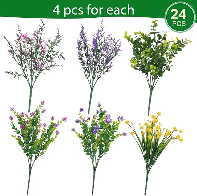 Hananona 24 Pcs Bundles Artificial Flowers Outdoor, Faux Artificial Plants Shrubs Plastic Flower Bulk for Hanging Planter Porch Window Home Wedding Fall Summer Decor (24, Multiple Color)