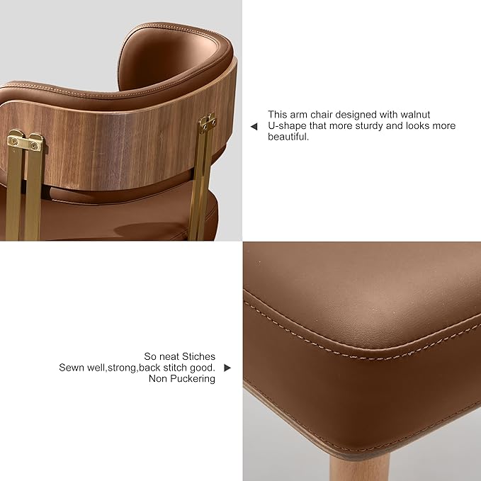 Modern Mid-Century Upholstered Leather Dining Chairs with High-Resilience Foam, Walnut Wood Veneer&Gold Metal Legs,Dining Chairs with Anti-Slip Pads,Tan