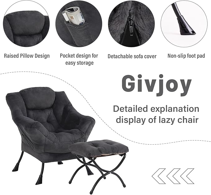 Plush Lazy Chair and Ottoman, Large Contemporary Accent Lounge Chair with Armrests and a Side Pocket, Modern Leisure Upholstered Sofa Reading Armchair with Footrest for Bedroom, Living Room