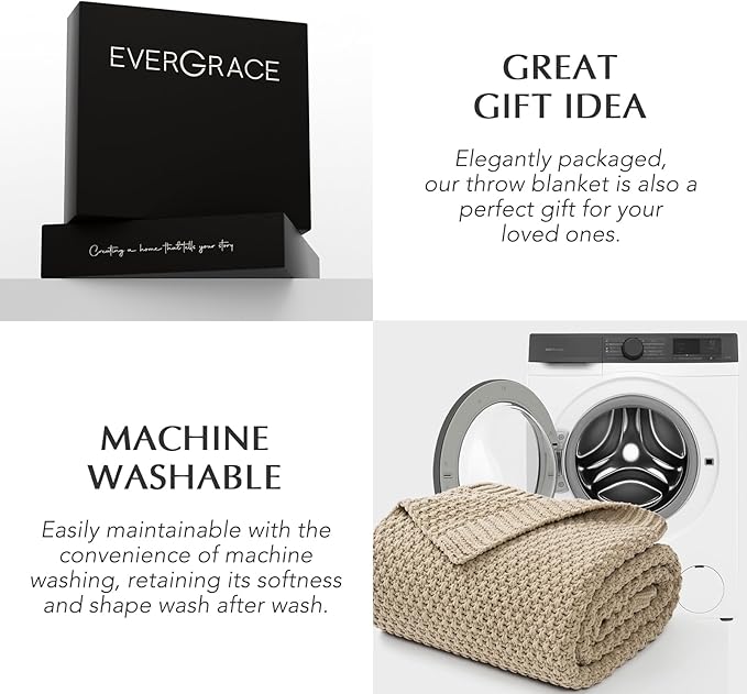 EVERGRACEHOME Chunky Chenille Knit Throw Blanket for Couch, Soft Luxurious Moss Stitch Blankets for Bed, Cozy Decorative Farmhouse Knitted Throws for Sofa, Sand Dune, 50" x 60"